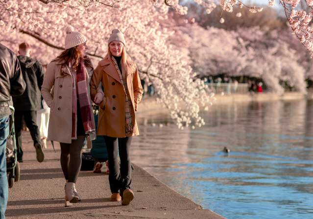 Two girls walking along the tidal basin.