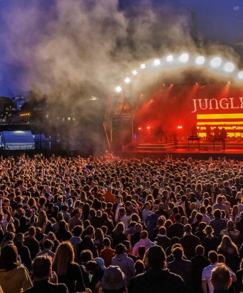 Jungle performing on the stage at Bristol Sounds with audience in foreground - credit Bristol Sounds